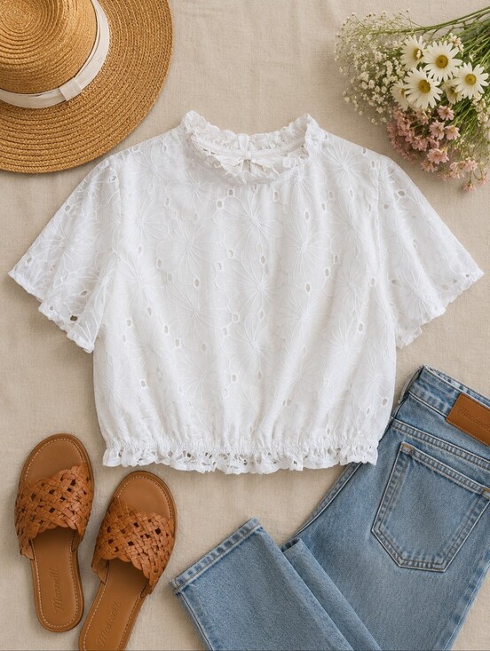 Altar'd State Tops - Altar'd State White Floral Eyelet Ruffle Tie-Back Crop Blouse | Cottagecore Boho